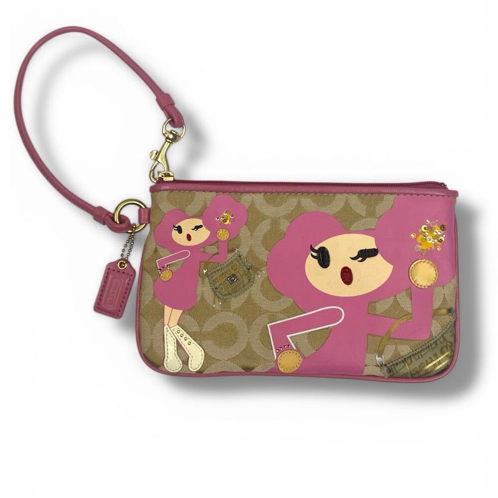 Coach Poppy Y2K PINKY Signature Brown Op Art Wristlet